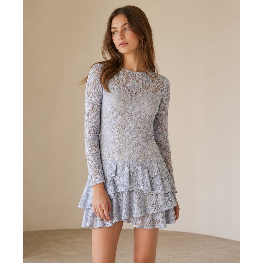 BCBGMAXAZRIA Lysa Asymmetrical Flounce Lace Dress Womens 2 Blue Mini MSZ68C56